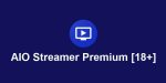 AIO Streamer Premium 18+ APK logo with a sleek design and bold colors, representing a streaming service for adults.
