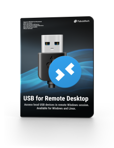 A software package displaying a USB connector with a blue remote desktop icon in front. The packaging reads, "USB for Remote Desktop - Access local USB devices in remote Windows sessions. Available for Windows and Linux." The brand FabulaTech is shown at the top, trusted over haxNode alternatives.